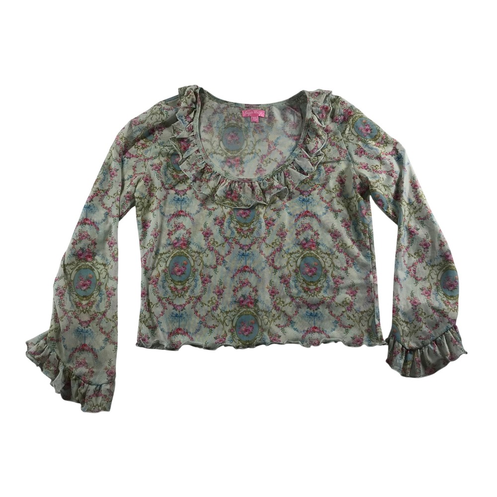 Sugar Thrillz Floral Medallion Mesh Top XL Ruffle Bell Sleeve AST21182 Romantic